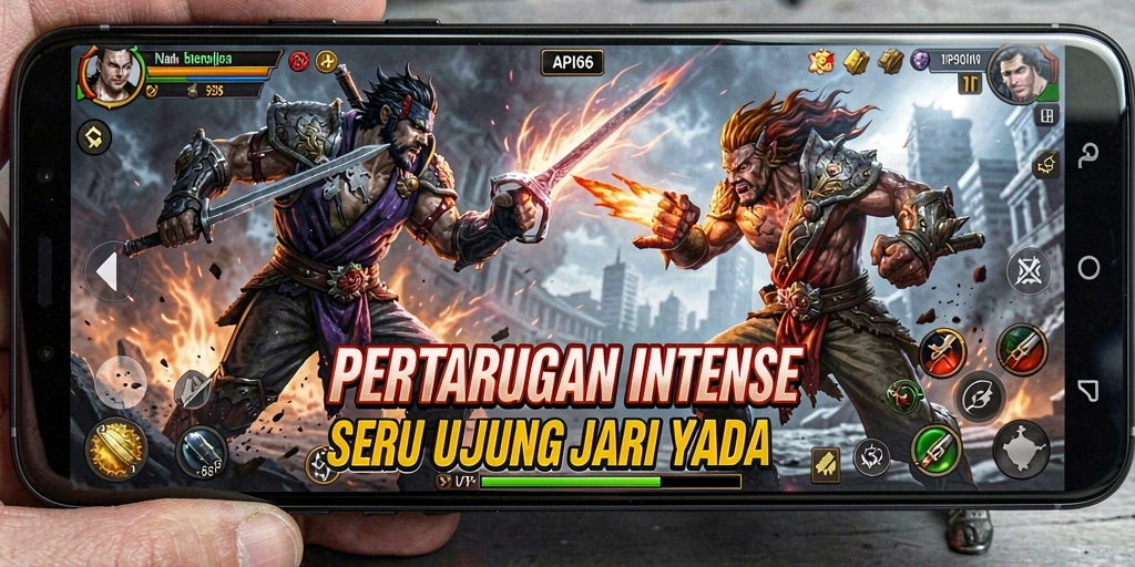 Tampilan gameplay yang penuh aksi di API66 dengan pertarungan seru dan karakter beragam.
