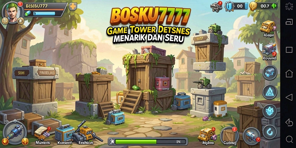 Screenshot utama BOSKU777 menunjukkan aksi seru pertahanan menara.