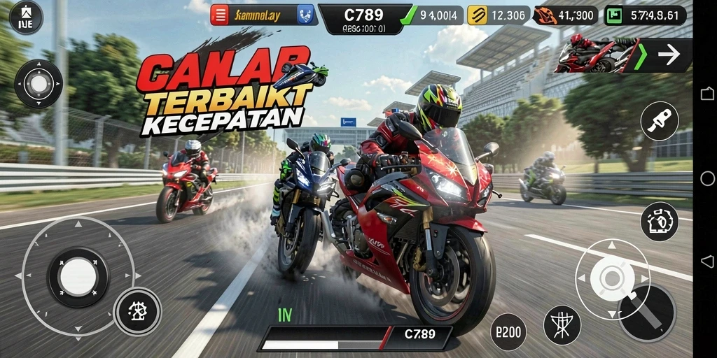 Screenshot menampilkan aksi balap seru dalam C789 dengan motor cepat.