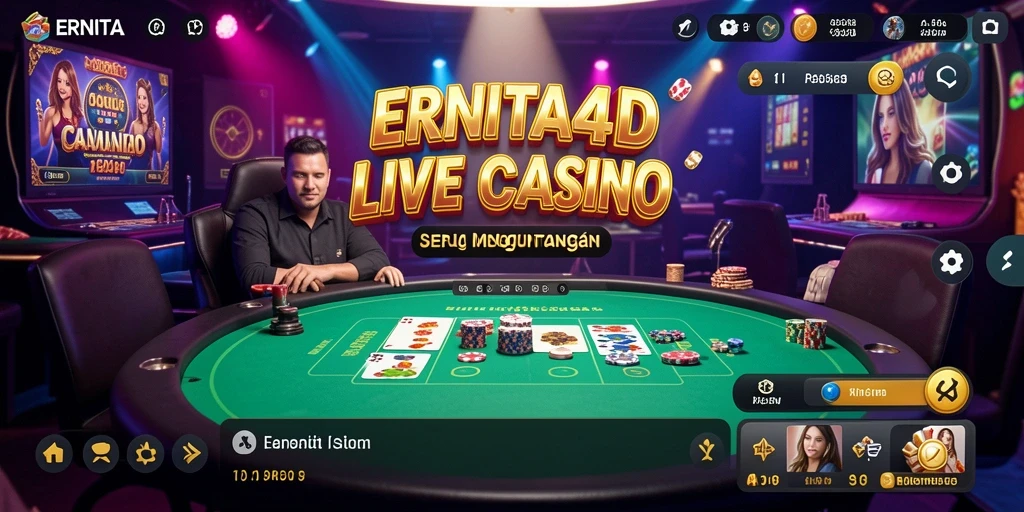 Screenshot gameplay ERNITA4D menampilkan dealer profesional dan suasana kasino yang hidup.