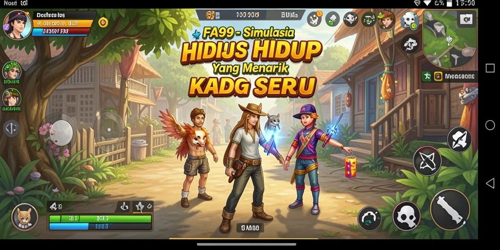 Tampilan gameplay FA99 menampilkan karakter dalam berbagai aktivitas simulasi.