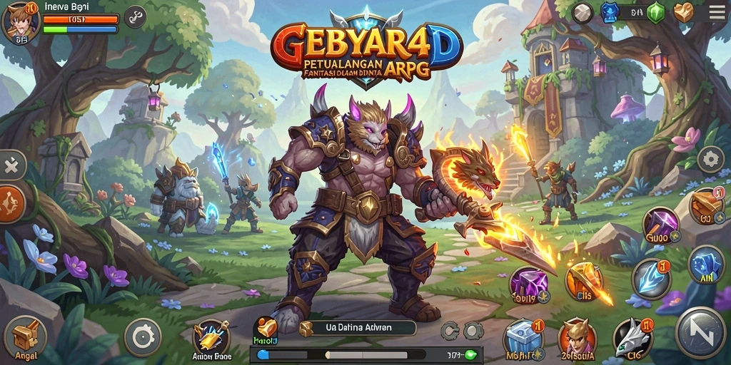 Screenshot utama GEBYAR4D menampilkan aksi pertarungan mendebarkan di dunia fantasi.