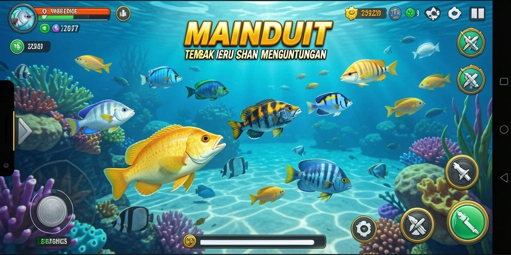 Tangkapan layar gameplay seru di MAINDUIT menunjukkan aksi menembak ikan yang mendebarkan.