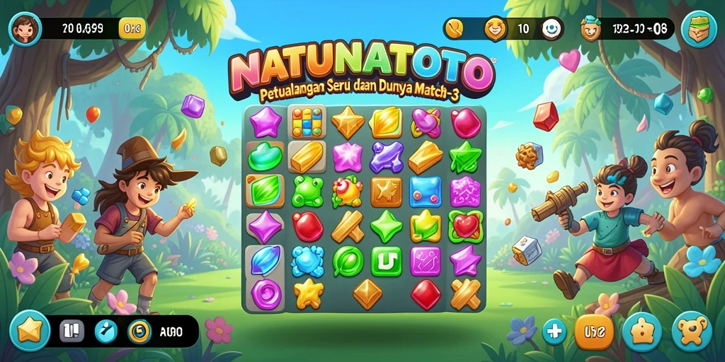 Screenshot gameplay NATUNATOTO menunjukkan kombinasi warna yang cerah dan tantangan Match-3.