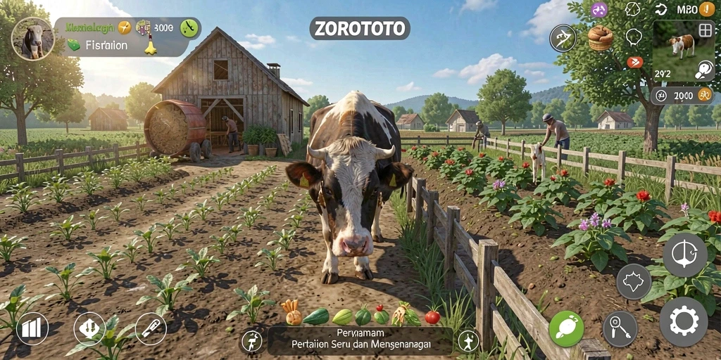 Tangkapan layar utama ZOROTOTO menampilkan gameplay pertanian yang seru.